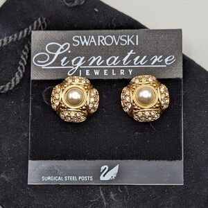 Swarovski Crystal and Faux Pearl Button Earrings
